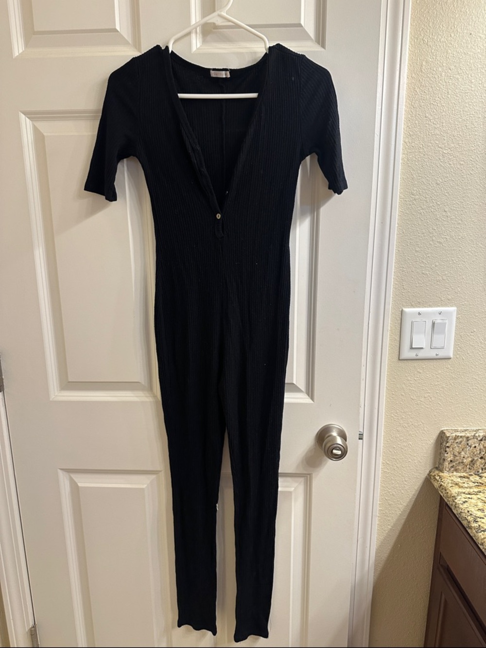 Black Ribbed Button-Front Jumpsuit